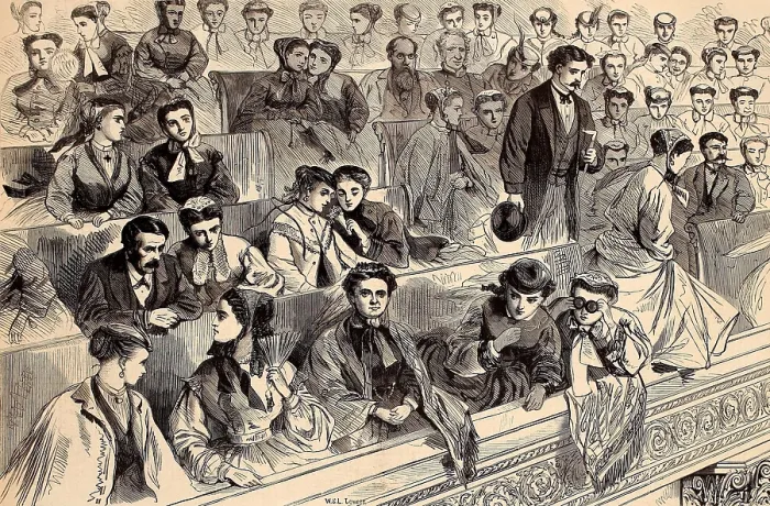 Framed Print : Single women and those with a male escort occupy the Ladies gallery in the Senate during the impeachment trial of President Andrew Johnson