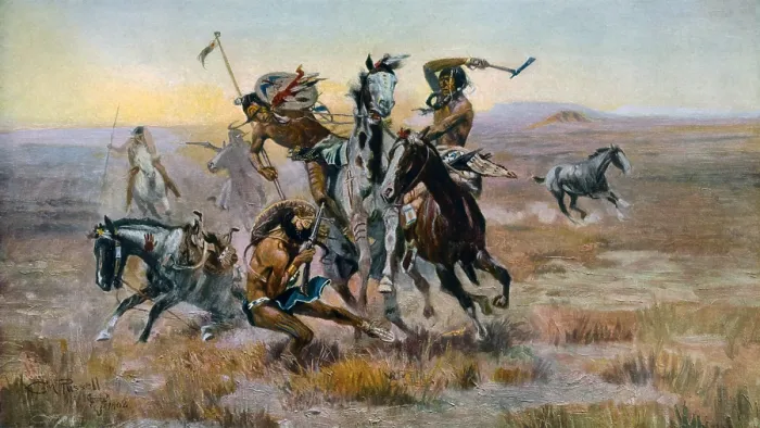 Framed Print : When Sioux and Blackfeet Met, battle between the Sioux and Blackfeet Indians, photomechanical print, by Charles M. Russell, 1902 Framed Print : When Sioux and Blackfeet Met, battle between the Sioux and Blackfeet Indians, photomechanical print, by Charles M. Russell, 1902
