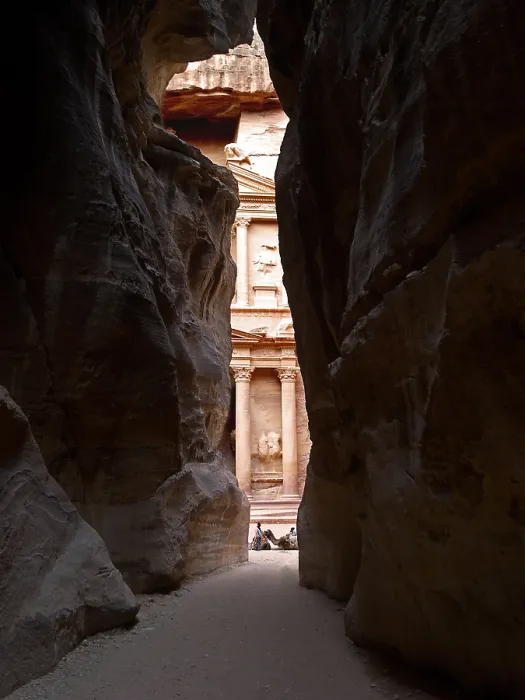 Framed Print : The Siq with the Treasury (al-Khazneh), 1st Century A.D. carved sandstone building - Jordan, Petra, Bab el Siq. Detail