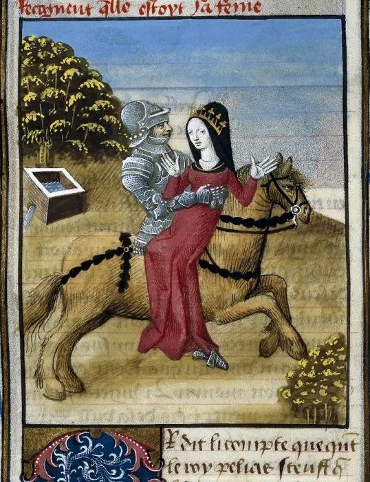 Framed Print : Sir Galahad takes the Queen out of Cornwall. Illustration from 'Romance of Tristan and Iseult' by Everard de Espinques. Gothic art. Miniature Painting. FRANCE