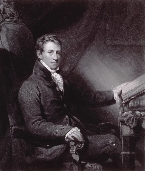 Framed Print : Sir Humphry Davy (1778-1829), British chemist, discovered several chemical elements including sodium, potassium, barium, magnesium, calcium, and iodine. 1830 engraving