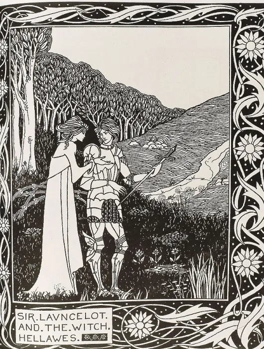 Framed Print : Sir Lancelot and the Witch Hellawes. Engraving from 'The Death of Arthur' by Sir Thomas Malory, edition illustrated by Aubrey Beardsley between 1892 and 1894. Modernism Framed Print : Sir Lancelot and the Witch Hellawes. Engraving from 'The Death of Arthur' by Sir Thomas Malory, edition illustrated by Aubrey Beardsley between 1892 and 1894. Modernism