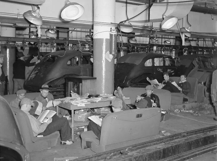 Framed Print : Sit-down strikers in the General Motors Fisher body factory #3 in Flint, Michigan. 1933. The United Automobile Workers (UAW) emerged from the strike as a powerful labor union