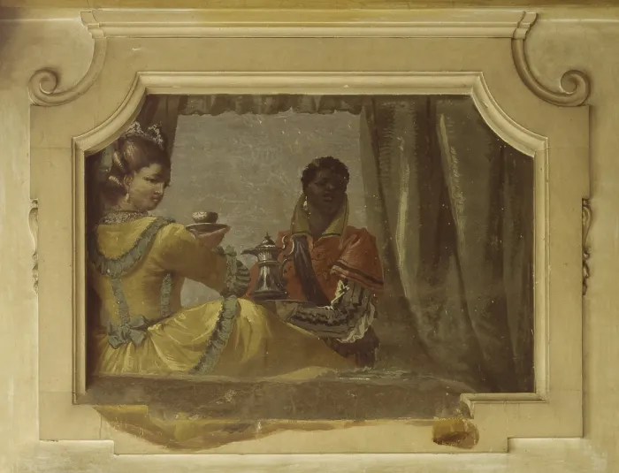 Framed Print : Sitting Lady Taking a Coffee Seen from Behind, by Costantino Cedini, 1770 - 1790 ca. 18th century, fresco - Italy, Veneto, Padua, Maldura Palace. Detail