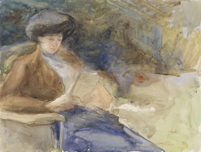 Framed Print : Sitting Woman Reading, by Bramine Hubrecht, 1865-1913, Dutch watercolor painting, drawing on paper (BSLOC_2016_2_93)