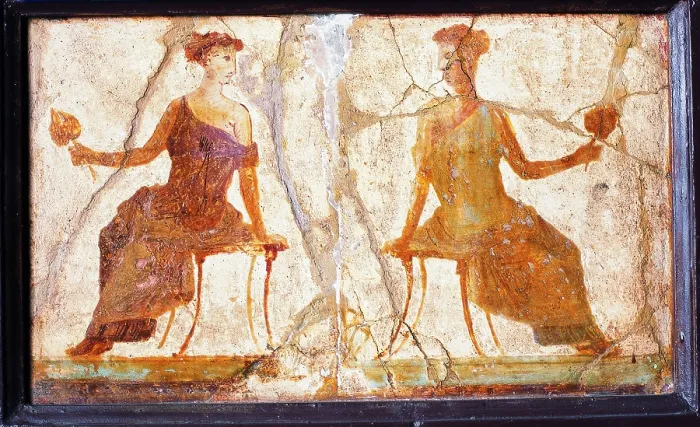 Framed Print : Sitting Women, by unknown artist, 10-37, 1st Century A.D. ripped fresco, 21 x 35 cm - Italy, Campania, Naples, National Archaeological Museum, Room LXXVII, inv. 9664 Framed Print : Sitting Women, by unknown artist, 10-37, 1st Century A.D. ripped fresco, 21 x 35 cm - Italy, Campania, Naples, National Archaeological Museum, Room LXXVII, inv. 9664