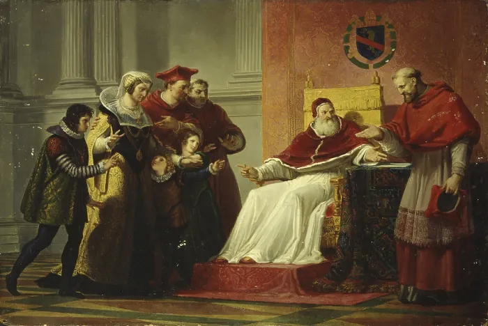 Framed Print : Sixtus V Refuses to Recognize his Sister and Nephews Presented in Princely Clothes (Sisto V rifiuta di riconoscere la sorella e i nipoti presentati in abiti principeschi)