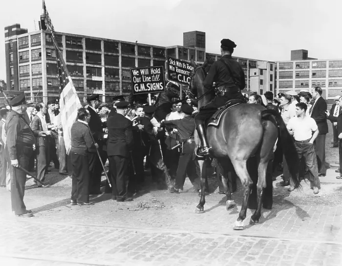Framed Print : Skirmish between police and strikers at the tool and die strike against General Motors. Detroit, July 1939 Framed Print : Skirmish between police and strikers at the tool and die strike against General Motors. Detroit, July 1939