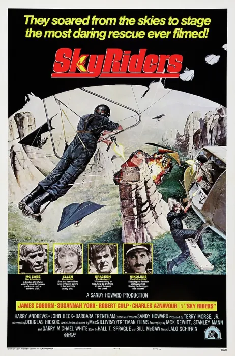 Framed Print : SKY RIDERS, (aka SKYRIDERS), US poster art, bottom, from left: James Coburn, Susannah York, Robert Culp, Charles Aznavour, 1976. TM & Copyright 20th Century-Fox Film Corp