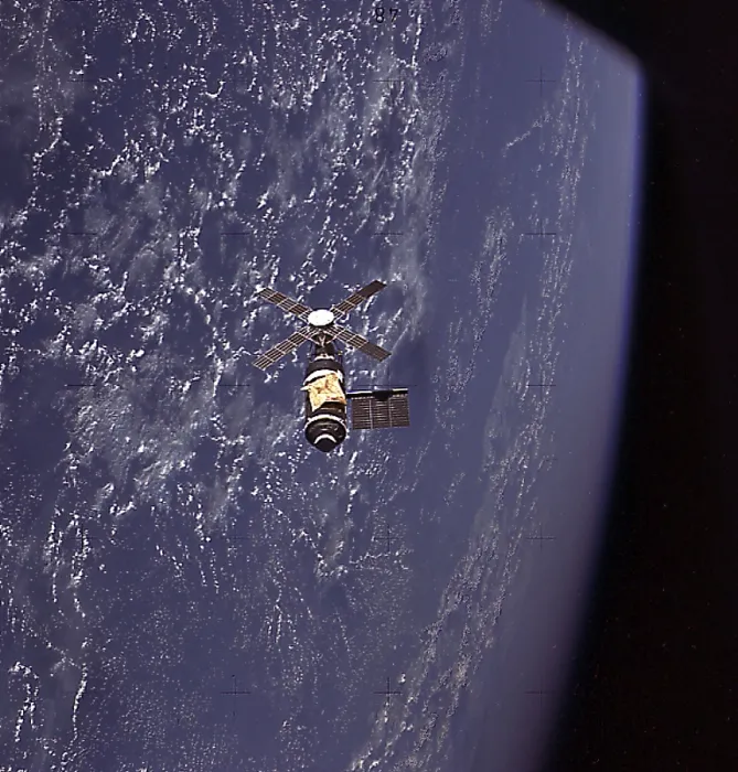 Framed Print : Skylab in orbit. The golden shape is a NASA made parasol that replaced the heat shield damaged during May 14, 1973 launch