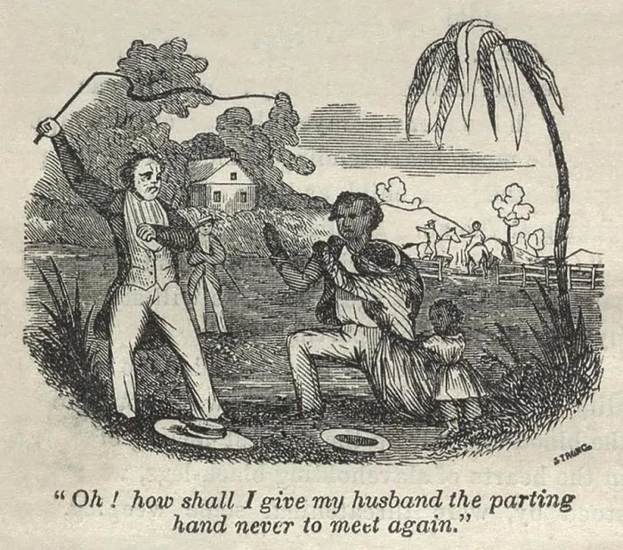 Framed Print : Slave Henry Bibb begs for his family. After Henry Bibb's failed escape from his Louisiana master, he was sold to a group of traveling gamblers (in background)