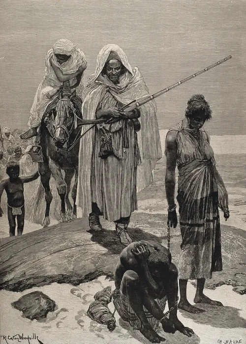 Framed Print : Slave traders returning to Timbuktu in the route Mali-Morocco. Illustration by Charles Baude after a painting by Richard Caton Woodville. The Illustrated London News. 1891 Framed Print : Slave traders returning to Timbuktu in the route Mali-Morocco. Illustration by Charles Baude after a painting by Richard Caton Woodville. The Illustrated London News. 1891