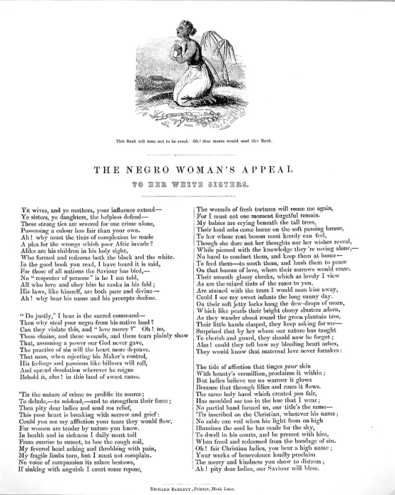 Framed Print : Slavery. An Abolitionist poem entitled The Negro Woman's Appeal To Her White Sisters, Richard Barrett, printer, Mark Lane, London, circa 1850s