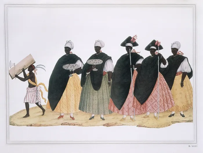 Framed Print : Slaves dressed for 'Fiesta del Rosario' festival, Brazil, 18th century. Watercolour. - J. Bedmar / Iberfoto / Everett Collection (525680)**US SALES ONLY**