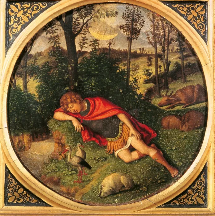 Framed Print : The Sleep of Endymion, by Giovanni Battista Cima da Conegliano known as Cima da Conegliano, 1500 - 1509 about, 16th Century, oil on panel, cm 24, 6 x 25, 5 - Italy, Emilia Romagna