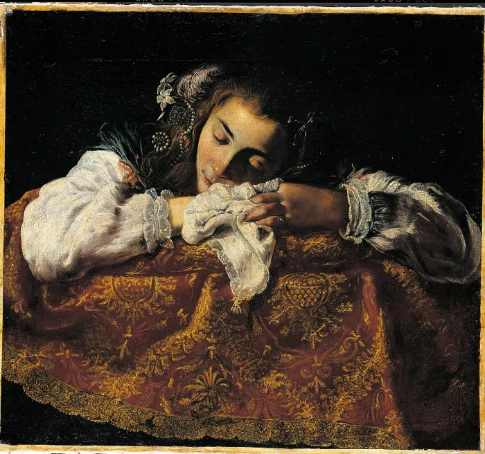 Framed Print : Sleeping Girl, by Domenico Fetti, 16th Century - 17th Century, oil on canvas, cm 82 x 87, 5 - Hungary, Budapest, Fine Arts Museum