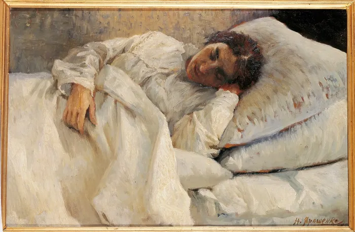 Framed Print : Sleeping Girl, by Nikolaj Aleksandrovic Jarosenko, 1881, 19th Century, oil on canvas, cm 34 x 50, 4 - Russia, Moscow, Tretjakov State Gallery, Inv. 11.220