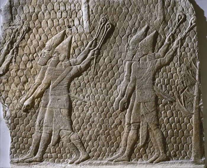 Framed Print : Slingers. Assyrian art. Relief on rock. UNITED KINGDOM. London. The British Museum. Proc: IRAQ. Kuyunjik. Nineveh. Palace of Ashurbanipal. AISA / Everett Collection**US SALES ONLY**