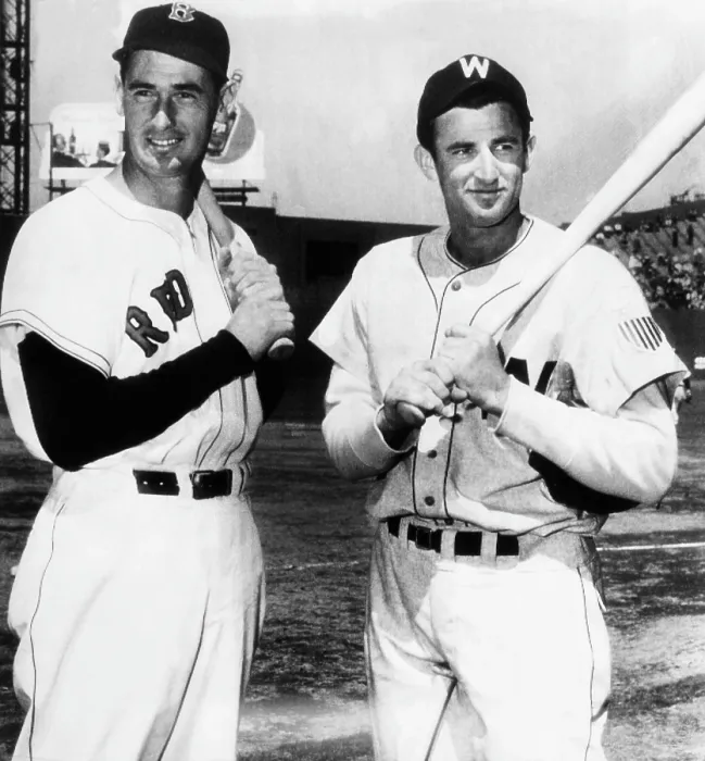 Framed Print : Top Sluggers. Ted Williams of the Boston Red Sox and Mickey Vernon of the Washington Senators, Fenway Park, Boston, Ma. April 15, 1947. CSU Archives Courtesy Everett Collection