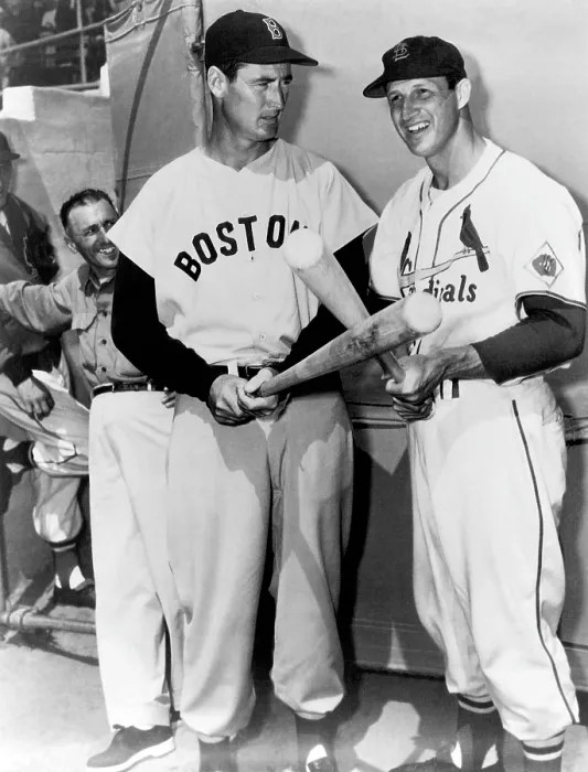 Framed Print : Top Sluggers. Ted Williams of the Boston Red Sox and Stan Musial of the St. Louis Cardinals. ca. 1950s. CSU Archives Courtesy Everett Collection