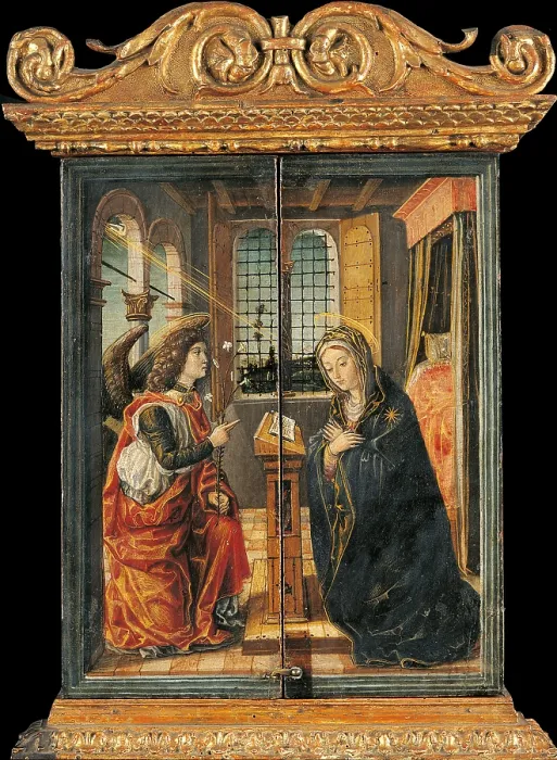 Framed Print : Small altar with painted doors, by Vincenzo Civerchio, 1510, 16th century, carved and gilded wood, tempera on board - Italy, Lombardy, Bergamo, Carrara Academy