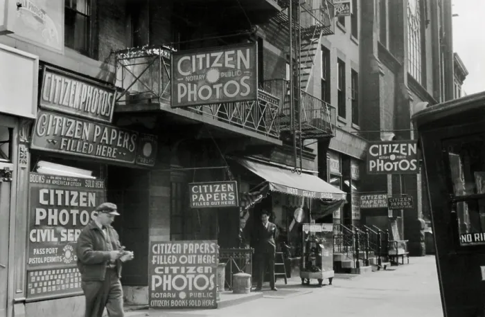 Framed Print : Small businesses catering to immigrants seeking naturalization and government documents. The street is near the NYC Federal Building where aliens seek citizenship. 1939