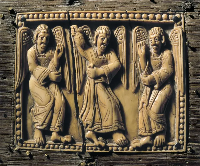 Framed Print : Small chest of the ivories of Saint John and Saint Pelayo. ca. 1063. Detail of the angels. Mozarabic art. Decorative Arts; Sculpture on ivory. SPAIN. Len