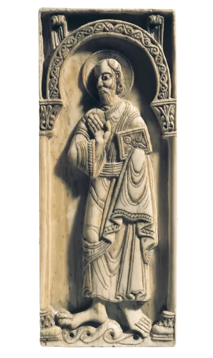 Framed Print : Small chest of the ivories of Saint John and Saint Pelayo. ca. 1063. Detail od Saint John the Evangelist. Mozarabic art. Sculpture on ivory. SPAIN. Len