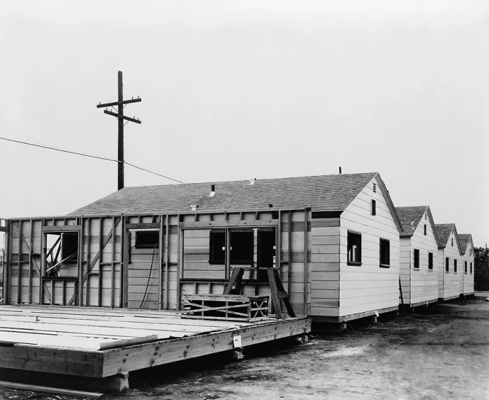 Framed Print : Four small completed mobile homes with another partially built. Built by Mobilhome Corporation of California in the 1940s. (BSLOC_2014_13_149)