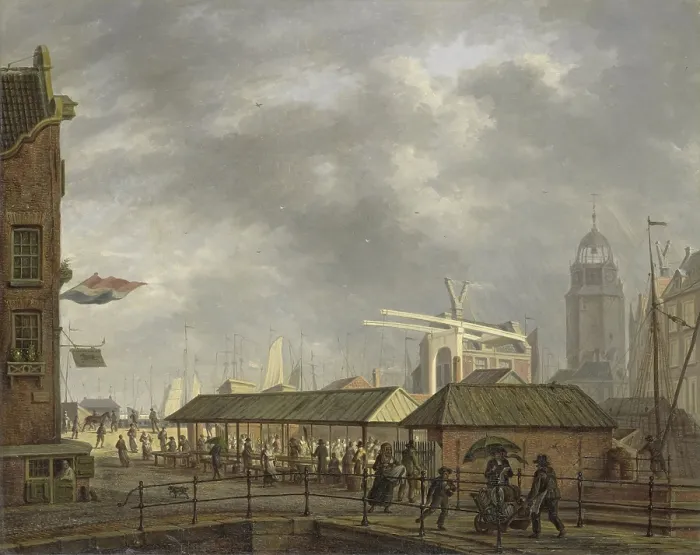 Framed Print : Small Fish Market in Amsterdam, by Johannes Jelgerhuis, 1826, Dutch painting, oil on canvas. Covered market at the corner of Brouwersgracht and the Singel, in the rain Framed Print : Small Fish Market in Amsterdam, by Johannes Jelgerhuis, 1826, Dutch painting, oil on canvas. Covered market at the corner of Brouwersgracht and the Singel, in the rain
