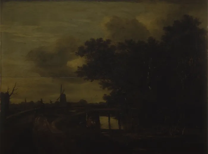 Framed Print : A small Town with Canal and Windmill, by Area of Roelof Jansz Van Vries, 17th century, oil on two tables of oak. - Italy, Lombardy, Milan, Brera Collection. Whole artwork view Framed Print : A small Town with Canal and Windmill, by Area of Roelof Jansz Van Vries, 17th century, oil on two tables of oak. - Italy, Lombardy, Milan, Brera Collection. Whole artwork view