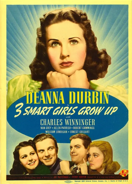 Framed Print : THREE SMART GIRLS GROW UP, top: Deanna Durbin, bottom from left: Helen Parrish, William Lundigan, Robert Cummings, Nan Grey on midget window card, 1939