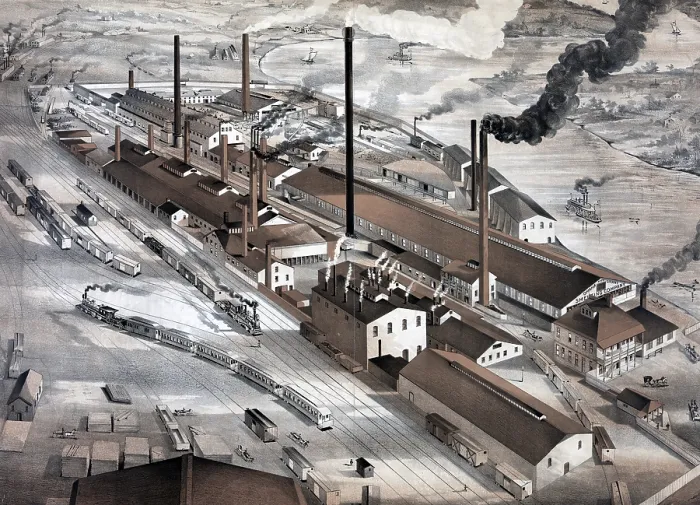 Framed Print : Smelting and refining plant, The Omaha and Grant Smelting Company, Omaha, Nebraska. color lithograph ca. 1880s Framed Print : Smelting and refining plant, The Omaha and Grant Smelting Company, Omaha, Nebraska. color lithograph ca. 1880s