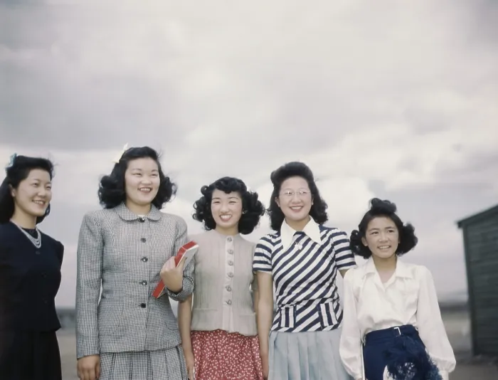 Framed Print : Five smiling Japanese American women internees at Tule Lake Relocation Center during World War II