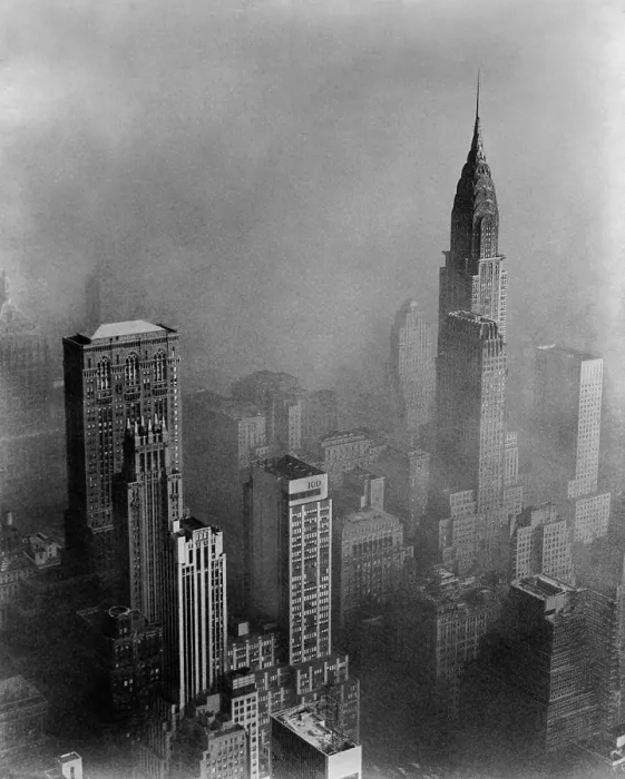 Framed Print : Smog obscures view of Chrysler Building from Empire State Building, New York City. Ca. 1960