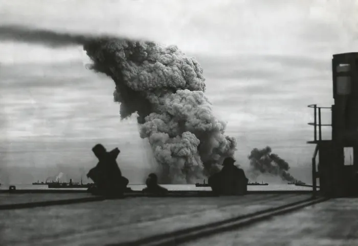 Framed Print : Smoke from a merchant ship bombed in an Allied convoy to the Soviet Union (Russia) Framed Print : Smoke from a merchant ship bombed in an Allied convoy to the Soviet Union (Russia)