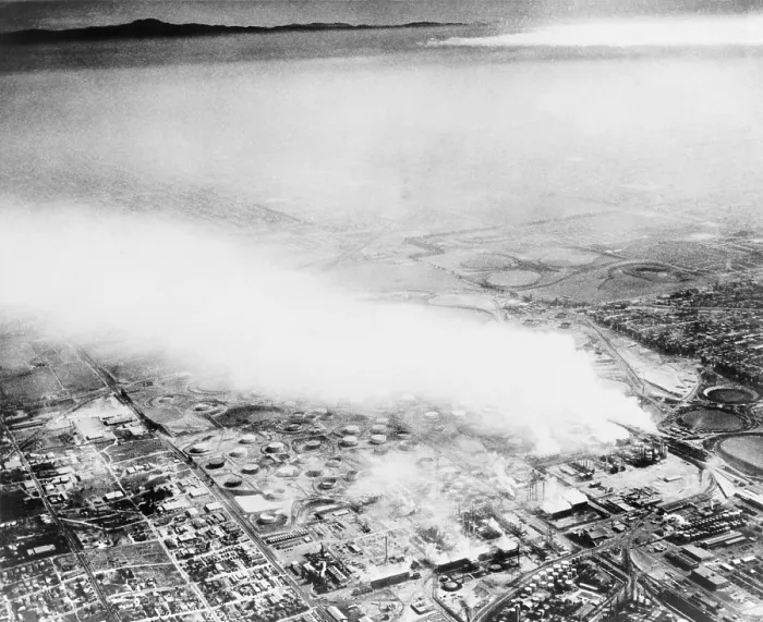 Framed Print : Smoke from an oil refinery drifts across Los Angeles area on October 28, 1954 Framed Print : Smoke from an oil refinery drifts across Los Angeles area on October 28, 1954