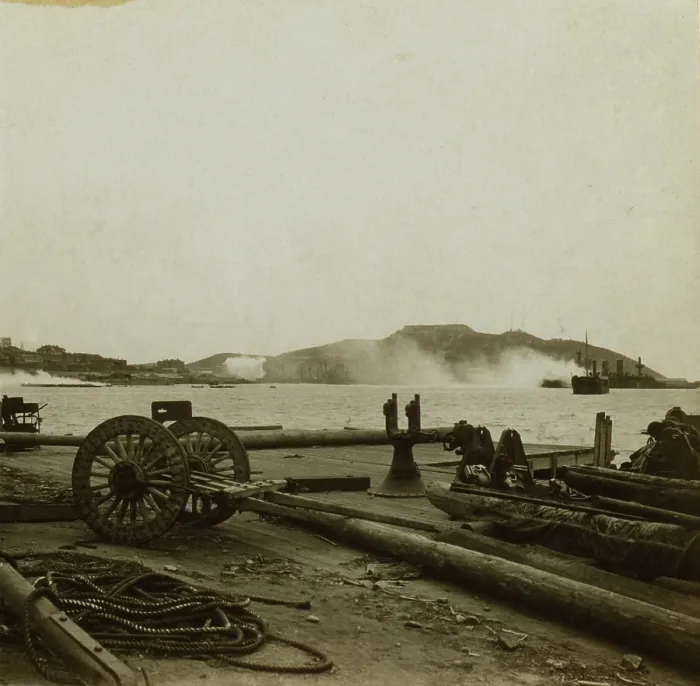 Framed Print : Smoke rises from Russian war ships and Port Arthur town during shelling by Japanese in Dec. 1904