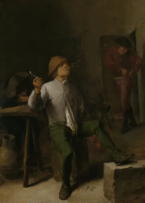 Framed Print : The Smoker, by Adriaen Brouwer, 1630-38, Flemish painting, oil on panel. Slouching in his tavern chair, with his breeches open, he blows smoke from his pipe through his nose Framed Print : The Smoker, by Adriaen Brouwer, 1630-38, Flemish painting, oil on panel. Slouching in his tavern chair, with his breeches open, he blows smoke from his pipe through his nose