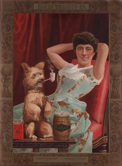Framed Print : Smoking dog in advertisement for Globe Tobacco Company, Gold Flake Cut Plug chewing tobacco, showing a young woman lounging as a dog wearing glasses smokes a pipe Framed Print : Smoking dog in advertisement for Globe Tobacco Company, Gold Flake Cut Plug chewing tobacco, showing a young woman lounging as a dog wearing glasses smokes a pipe
