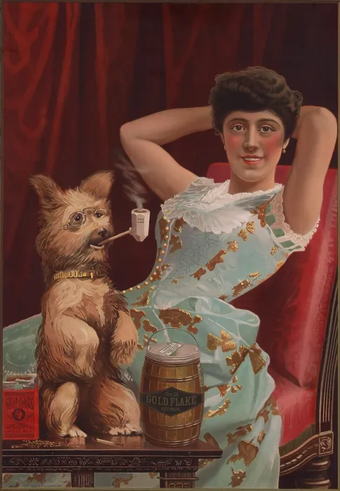 Framed Print : Detail of smoking dog in advertisement for Globe Tobacco Company, Gold Flake Cut Plug chewing tobacco, showing a young woman lounging as a dog wearing glasses smokes a pipe Framed Print : Detail of smoking dog in advertisement for Globe Tobacco Company, Gold Flake Cut Plug chewing tobacco, showing a young woman lounging as a dog wearing glasses smokes a pipe
