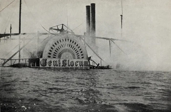 Framed Print : Smoking wreck of the GENERAL SLOCUM showing the housing of the paddle wheel, June 15, 1904 Framed Print : Smoking wreck of the GENERAL SLOCUM showing the housing of the paddle wheel, June 15, 1904