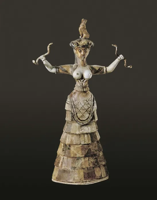 Framed Print : Snake Goddess or Household Goddess. ca. 1600 BC. Faence. Minoan art  /  Cretan art. Middle Minoan period. Ceramics. GREECE. Knossos. Archaeological Museum. Proc: GREECE. Knossos