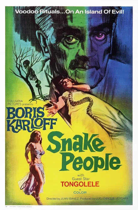 Framed Print : SNAKE PEOPLE, (aka ISLE OF THE SNAKE PEOPLE, aka LA MUERTE VIVIENTE), US poster, Boris Karloff (top), 1971