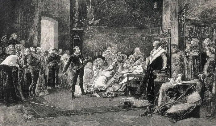 Framed Print : SNCHEZ BARBUDO, Salvador (1858-1917); SHAKESPEARE, William (1564-1616). Illustration of 'The Tragedy of Hamlet, Prince of Denmark', work by Shakespeare written in 1601 Framed Print : SNCHEZ BARBUDO, Salvador (1858-1917); SHAKESPEARE, William (1564-1616). Illustration of 'The Tragedy of Hamlet, Prince of Denmark', work by Shakespeare written in 1601