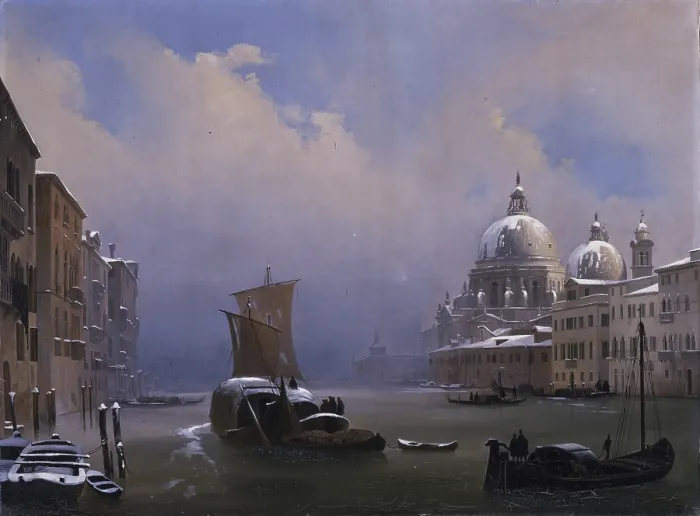 Framed Print : Snow and Fog in Venice, by Ippolito Caffi, 1841, 19th Century, oil on canvas - Italy, Veneto, Belluno, Civic Museum. Whole artwork view