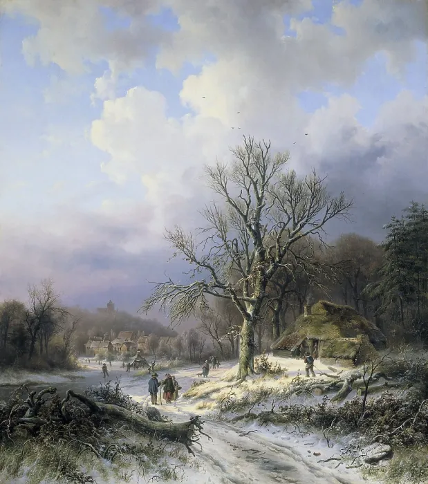 Framed Print : Snow Landscape, by Alexander Joseph Daiwaille, 1845, Dutch painting, oil on canvas. Townspeople socializing, carrying wood, and skating in a winter landscape