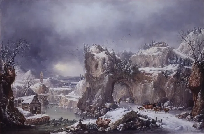 Framed Print : Snowing, by Francesco Fidanza, 1818, 19th Century, oil on canvas, 97.5 x 63 cm. - Italy, Lombardy, Milan, Galleria Civica d'Arte Moderna. Whole artwork view