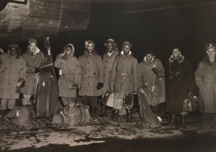 Framed Print : Snub Mosley and his band arriving in Alaska on a USO tour in 1945. Mosely is 4th from right. (BSLOC_2014_8_210)