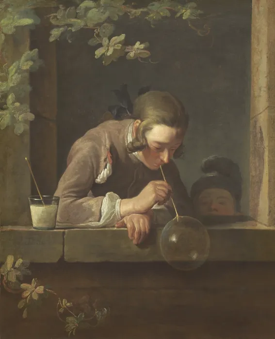 Framed Print : Soap Bubbles, by Jean Chardin, 1733-34, French painting, oil on canvas. A boy concentrates on a quivering bubble, ready to slip from his pipe